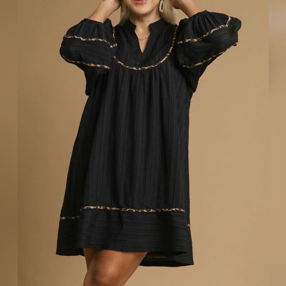 Umgee USA Umgee Ribbed Oversized Babydoll Dress Leopard Trim Sz  Md [6/8] - Picture 9 of 12